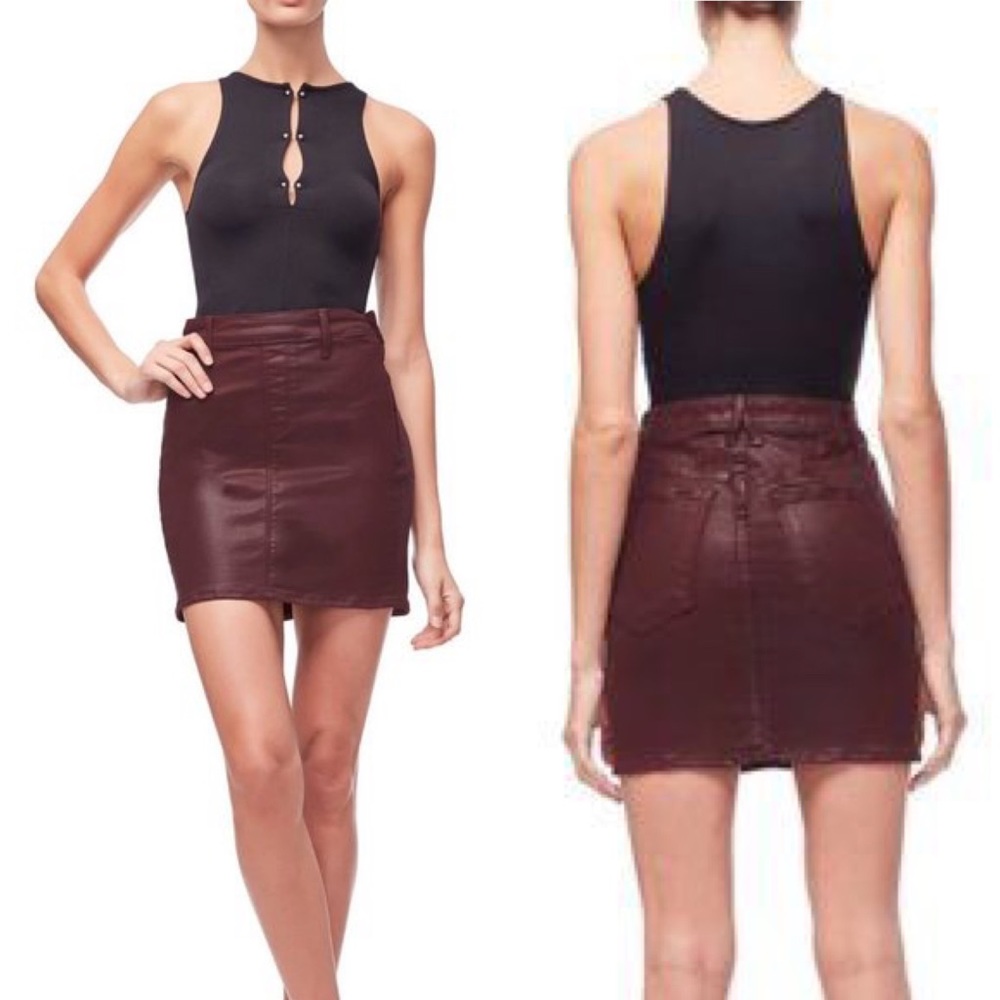Good American Waxed Denim Mini Skirt in Bordeaux